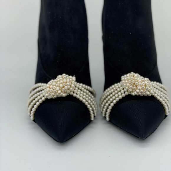 CHANEL 20A Suede Pearl Embellished CC Logo Heels Ankle Booties Boots - Picture 4 of 13